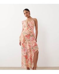 New Look - Floral Asymmetric Chiffon Midi Dress - Lyst