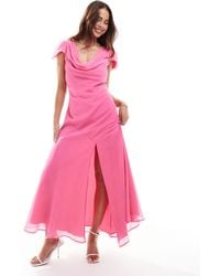 ASOS - Chiffon Cowl Neck Midi Dress With Puff Sleeves And Asymmetric Hem - Lyst