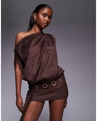 Murci - Faux Suede Off-shoulder Fold-over Top Eyelet Belt Detail Mini Dress - Lyst
