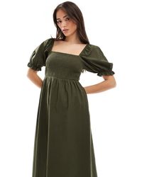 New Look - Vestito Midi Milkmaid Con Maniche A Sbuffo Kaki - Lyst