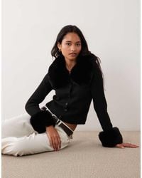 Miss Selfridge - Button Through Cardigan With Fur Collar And Cuff - Lyst