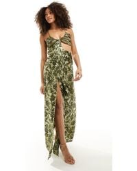 ASOS - Satin Chiffon Mix Gathered Cut Out Maxi Dress With Tie Back - Lyst