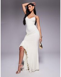 Fashionkilla - Double Sculpted Slinky Cami Ruched Ruffle Side Split Maxi Dress - Lyst
