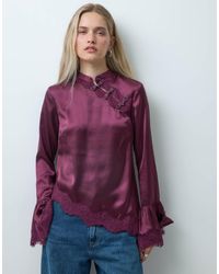 Reclaimed Vintage - Mandarin Collar Satin Blouse With Asym Hem-red - Lyst