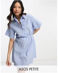ASOS - Asos Design Petite Cut Out Back Shirt Mini Dress With Seersucker Purple And Blue Check-multi - Lyst