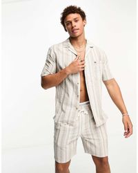 Only & Sons - Camisa Verde Salvia A Rayas Con Cuello De Solapas De Mezcla De Lino De -Gris - Lyst