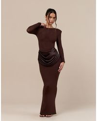 Wanderdoll - Eman Sculpted Slash Neck Satin Drape Waist Detail Bodycon Maxi Dress - Lyst