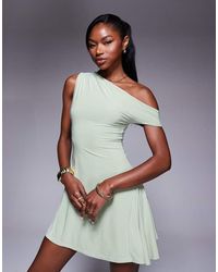Kaiia - Exclusive Double Layered Slinky Off Shoulder Drape Detail Fitted Waist Mini Skater Dress - Lyst