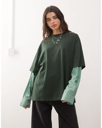 Lioness - 2 In 1 Oversized T-shirt Overlay And Striped Long Sleeve Shirt In Dark And Stripe - Lyst