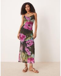 ASOS - – midikleid aus netzstoff mit blumenprint und wasserfallausschnitt - Lyst
