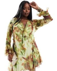 ASOS - Asos Design Curve Ruffle Tie Front Plunge Mini Dress With Frill Sleeves - Lyst