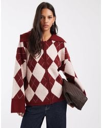 Pieces - Premium strickpullover mit reißverschluss vorn, kragen und flauschigem argyle-muster - Lyst