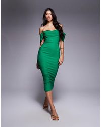 Lipsy Red Ruffle Bardot Bodycon Dress | Lyst UK