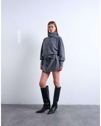 TOPSHOP - Vestido Corto Azul Petróleo De Manga Larga Con Cintura Ceñida Y Cuello Alto De Ante De - Lyst