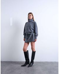 TOPSHOP - Hoogsluitende Mini Jurk Van Echt Suède Met Ingenomen Taille En Lange Mouwen - Lyst