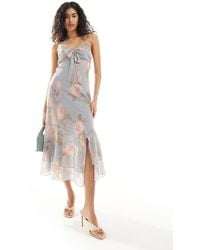 Miss Selfridge - – maxi-trägerkleid für besondere anlässe aus blauem chiffon mit gebundener vorderseite und vintage-blumenmuster - Lyst