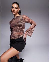 ASOS - Printed Paisley Mesh Drawstring Asymmetric Top With Flute Sleeve - Lyst