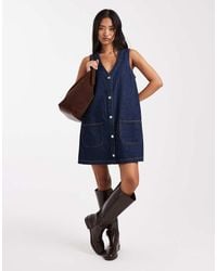 Miss Selfridge - Washed Denim Pinny Dress With Patch Pockets - Lyst