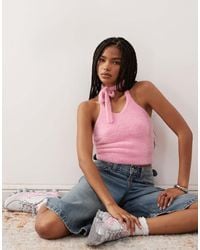 Collusion - Knitted Fluffy Tie Front Halter Top - Lyst