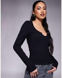 ASOS - Long Sleeve Ribbed Top With Notch Detail - Lyst