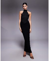 Kaiia - Exclusive Double Layered Slinky Lace High Neck Ruched Maxi Dress - Lyst