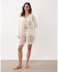 Miss Selfridge - – strand-cover-up aus naturfarbener spitze mit weiten ärmeln im boho-stil - Lyst