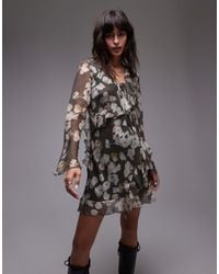 TOPSHOP - Robe courte à volants et manches longues - imprimé fleurs style aquarelle - Lyst