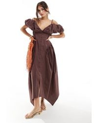ASOS - Vestito Midi Con Scollo Alla Bardot E Maniche Voluminose Color Cioccolato Con Bottoni E Gonna Oversize - Lyst