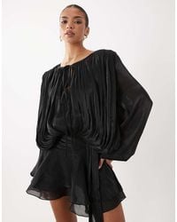 Lioness - Elements High Sheen Chiffon Drape Detail Balloon Sleeve Tie Waist Mini Dress - Lyst