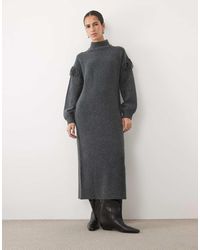 Vila - Funnel Neck Knitted Maxi Dress With Fringe Details - Lyst