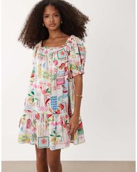 Accessorize - Vestido Playero Corto Con Estampado De Postales De - Lyst