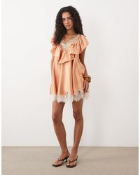 ASOS - V Neck Satin Ruffle Mini Dress With Lace Trim - Lyst