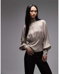 ASOS - Satijnen Hoogsluitende Blouse Met Blousonmouwen - Lyst