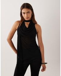 ASOS - Sheer Mesh Cowl Neck Top With Tassle Fringe Scarf - Lyst