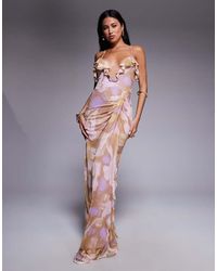 ASOS - Printed Mesh Ruffle Maxi Dress With Ruched Detail - Lyst