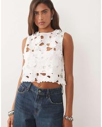 Mango - Round Neck Sleeveless Crop Top With Cut-out Embroidered Detailing - Lyst