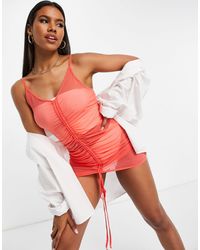South Beach Stretch Mesh Ruched Front Strappy Dress - Orange