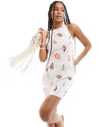 ASOS - Vestito Corto A Trapezio Accollato Effetto Lino Con Stampa Di Conchiglie - Lyst