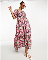 New Look - Vestido midi con estampado floral, escote cuadrado, espalda fruncida y mangas abullonadas - Lyst