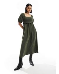 New Look - Shirred Puff Sleeve Linen Blend Midi Dress - Lyst