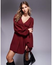 ASOS - Vestito Corto Ultra Morbido Color Ruggine Con Maniche Allacciate, Fondo Svasato E Scollo A V - Lyst