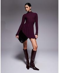 Aria Cove - Knitted High Neck Wide Rib Ruffle Mini Dress - Lyst