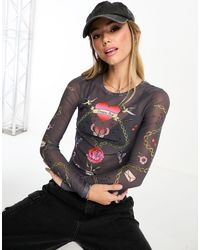 Monki - Long Sleeve Top With Heart And Rose Graphic - Lyst