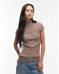 ASOS - Turtle Neck Short Sleeve With Lace Asymmetric Hem Top - Lyst