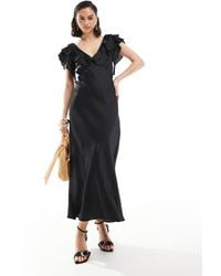 New Look - Midi-Jurk Van Satijn Met Ruches Aan De Mouwen - Lyst