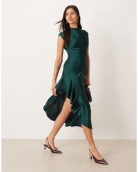 Ghospell - Satin High Neck Ruffle Trim Thigh Split Midi Dress - Lyst