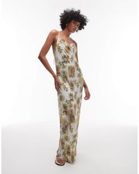 TOPSHOP - Robe longue effet froissé à col bénitier avec imprimé fleuri carte postale - Lyst