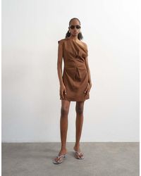 TOPSHOP - Linen Rich Fallen Shoulder Mini Dress With Tucked Waist - Lyst