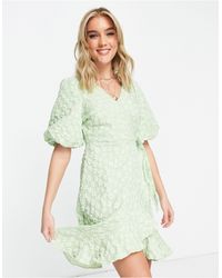 Pieces - Premium Embroidered Wrap Puff Sleeve Mini Dress - Lyst