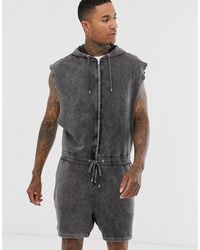 ASOS Zip-up Sleeveless Hooded Short Jumpsuit In Grey Acid Wash - Gray